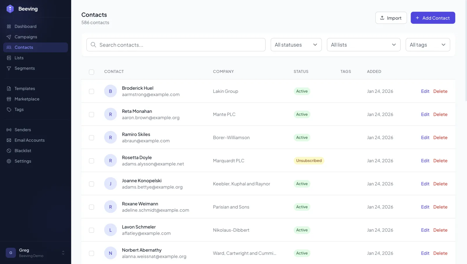 Beeving contacts list with CSV import