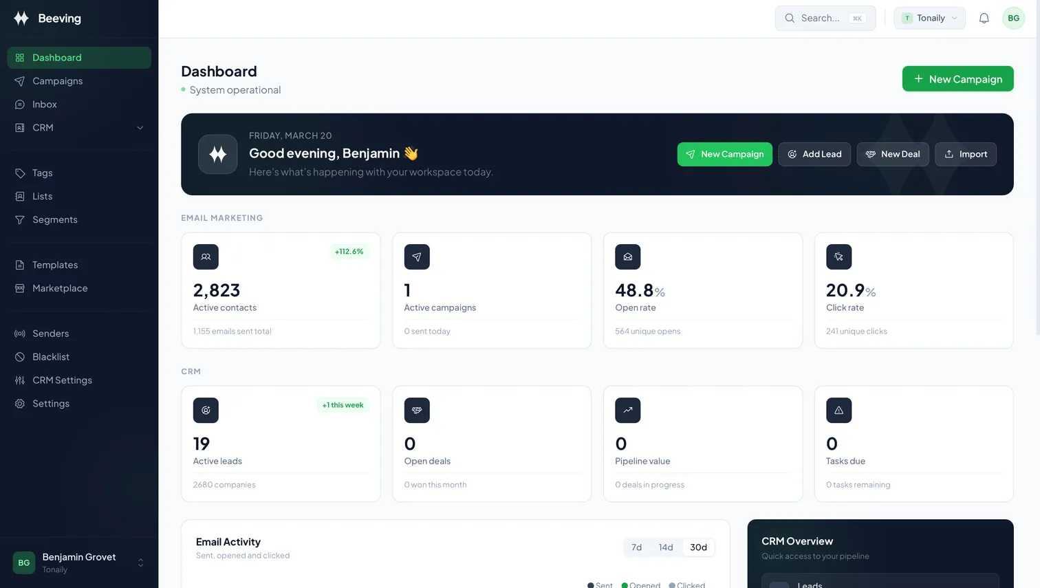 Beeving Dashboard - Email Marketing Platform