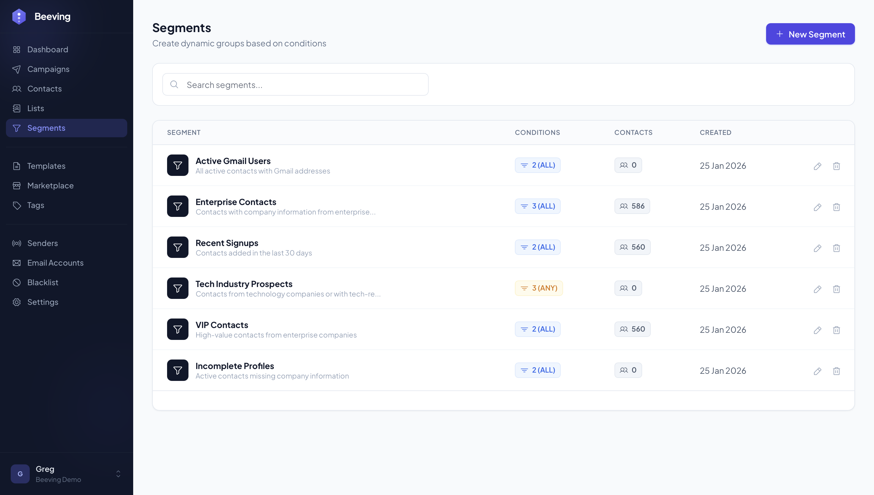 Manage all your segments at a glance
