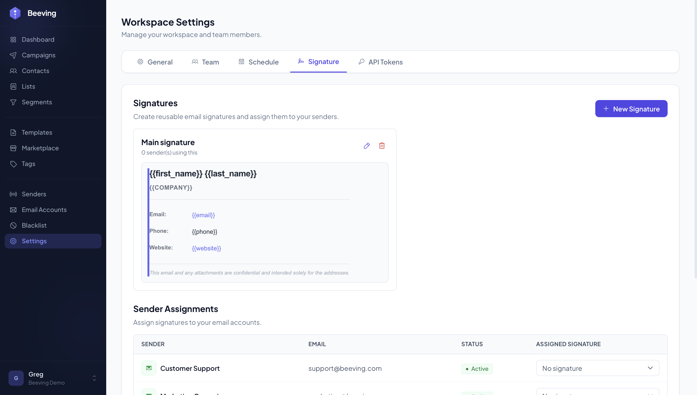 Professional signatures for each sender